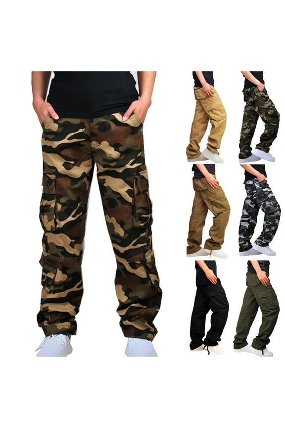 Cotton Cargo Pants for Men High Waisted Straight Leg Green Camo Multi Pockets Pants for Men L