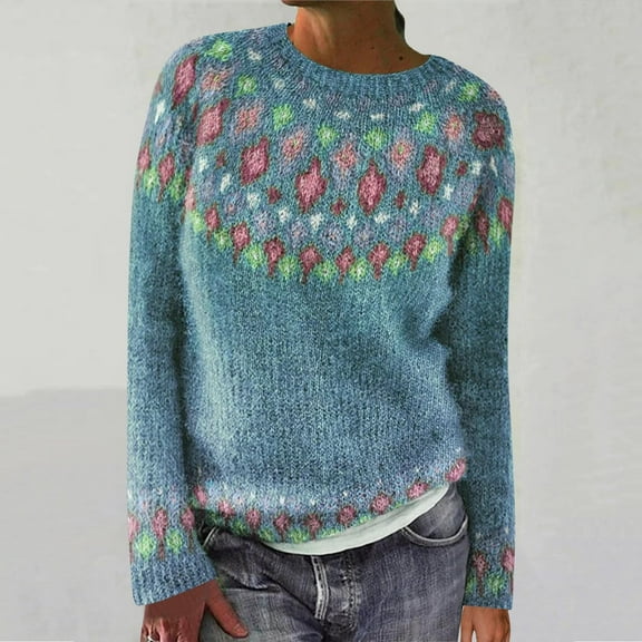 Sakmal Cotton Fall Sweaters for Women Long Sleeve Knit Pullover Tops Blue Crew Neck Casual Floral Sweaters for Women