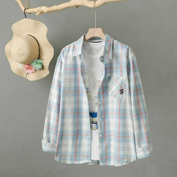 Sakmal Cotton Going Out Tops for Women Blue Trendy Button Down Shirts Plaid Collared Long Sleeve Shirts for Women