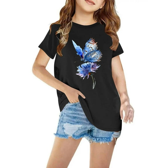 Sakmal Cotton Kids Clothes Black Crew Neck Floral 3-7y Short Sleeve Daily Life Childrens Tops On Sale