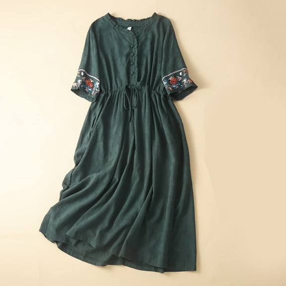 Sakmal Cotton Line Dresses for Women Long Casual Tshirt Green Dress Short Sleeve Floral Dresses
