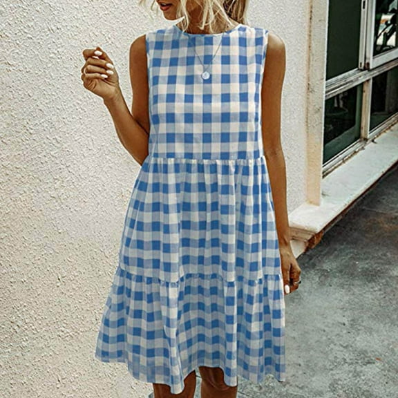 Sakmal Cotton Line Summer Dresses Sundress Blue Ruffle Midi Dress Sleeveless Plaid Crew Neck Dresses