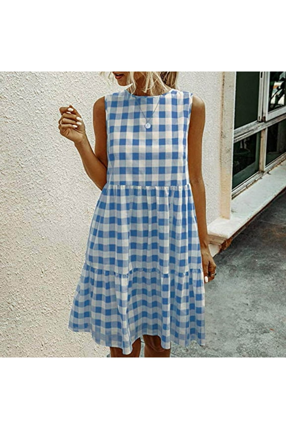 Cotton Line Summer Dresses Sundress Blue Ruffle Midi Dress Sleeveless Plaid Crew Neck Dresses