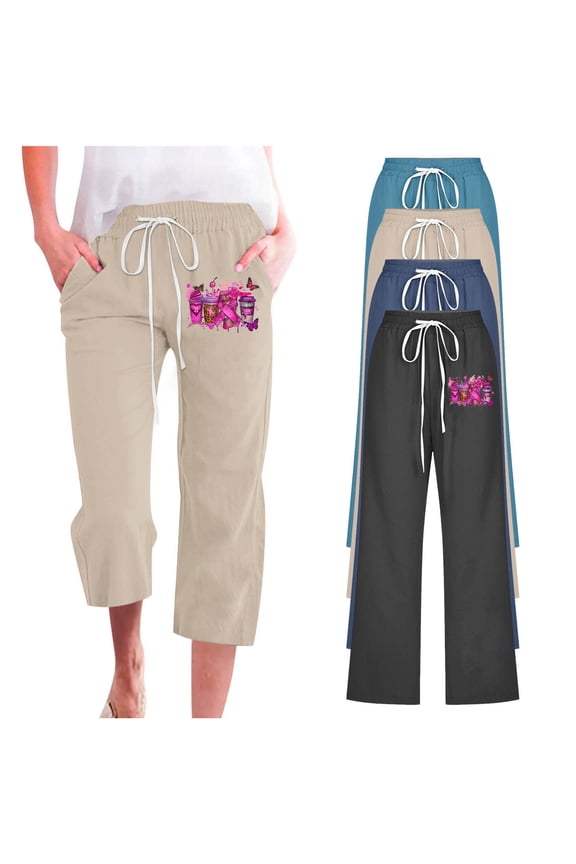 Cotton Linen Capri Pants for Women 7/8th Breast Cancer Plus Size Wide Leg Pants Graphic Trendy Drawstring Business Casual Capris for Women M