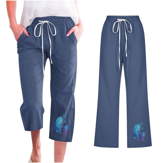 Sakmal Cotton Linen Capri Pants for Women Wide Leg Cropped Pants Trendy Drawstring Spring Solid Women's Capris 2XL