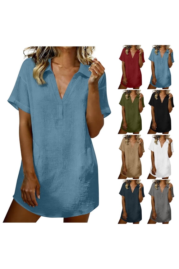 Cotton Linen Dresses Womens Moomoo Spring Midi Tshirt Dress Short Sleeve V Neck Green Sundress for Women with Pockets