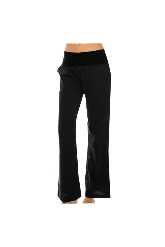 Cotton Linen Pants Women Casual Straight Leg Comfy Khakis Plain Full Length Black Mid Rise Pants with Pockets