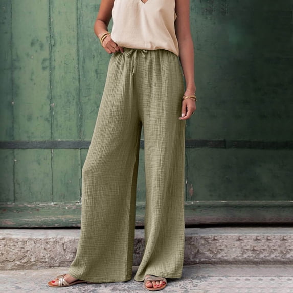 Sakmal Cotton Linen Pants for Women Drawstring Wide Leg Palazzo Casual Solid Yellow High Waisted Full Length Pants