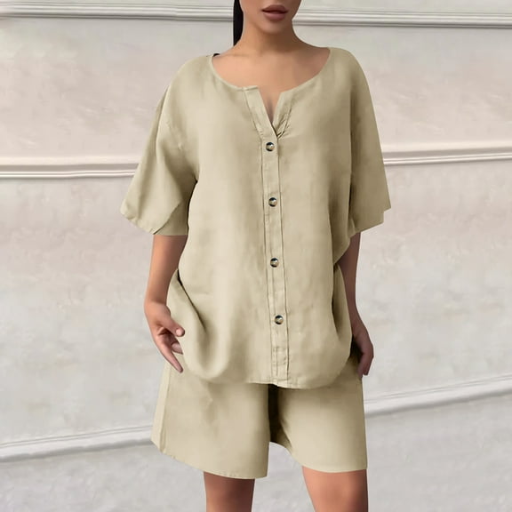 Sakmal Cotton Linen Shorts Sets for Women High Waisted Wide Leg 2 Piece Outfits Beige Trendy Solid Ladies Shorts with Pockets