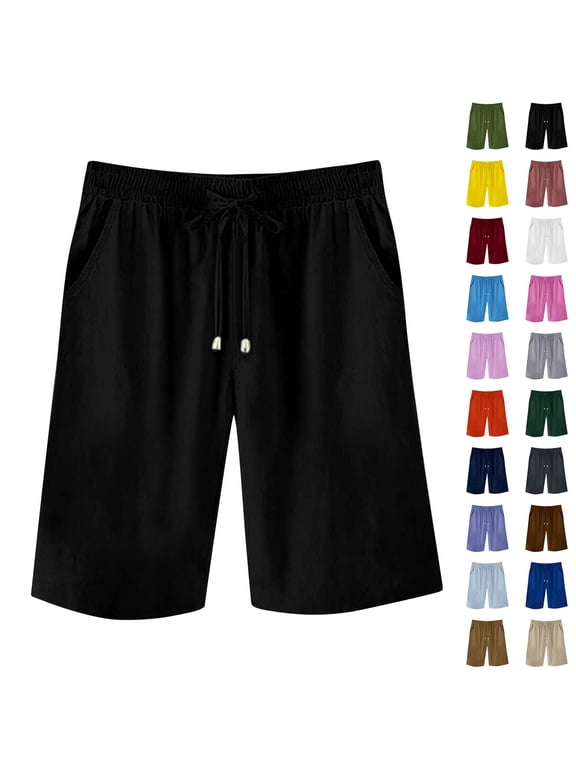 Cotton Linen Shorts Women Black Plus Size Bermuda High Waisted Solid 9" Shorts with Pockets