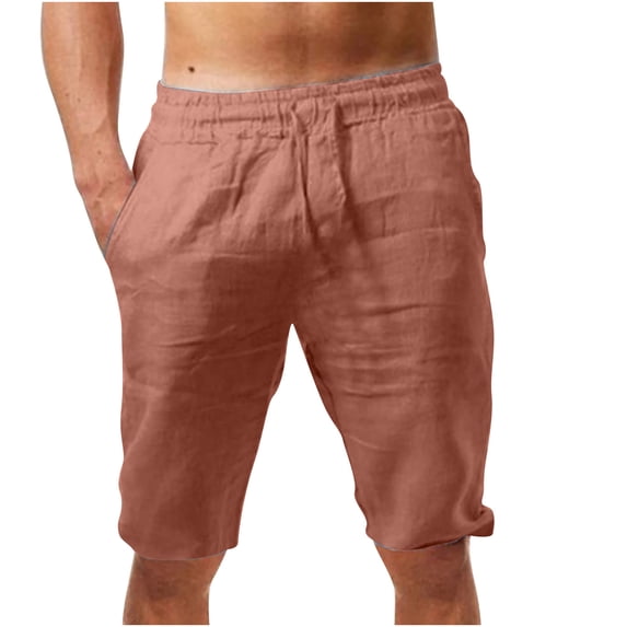 Sakmal Cotton Linen Shorts for Men Knee Length Bermuda with Pockets Red 9 Inch Solid Summer Mens Shorts XL