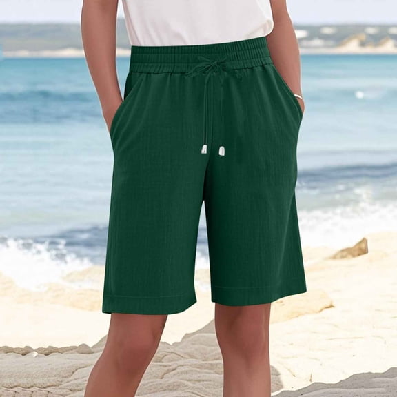 Sakmal Cotton Linen Shorts for Women Casual Green Bermuda Plus Size High Waisted Shorts with Pockets