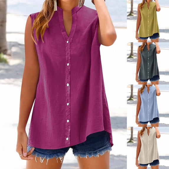 Sakmal Cotton Linen Tank Tops for Women V Neck Button Up Sleeveless Shirts Spring Gray Solid Womens Tank Tops L