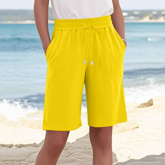 Sakmal Cotton Linen Women Shorts Plus Size Bermuda Yellow 9" Solid High Waisted Shorts with Pockets