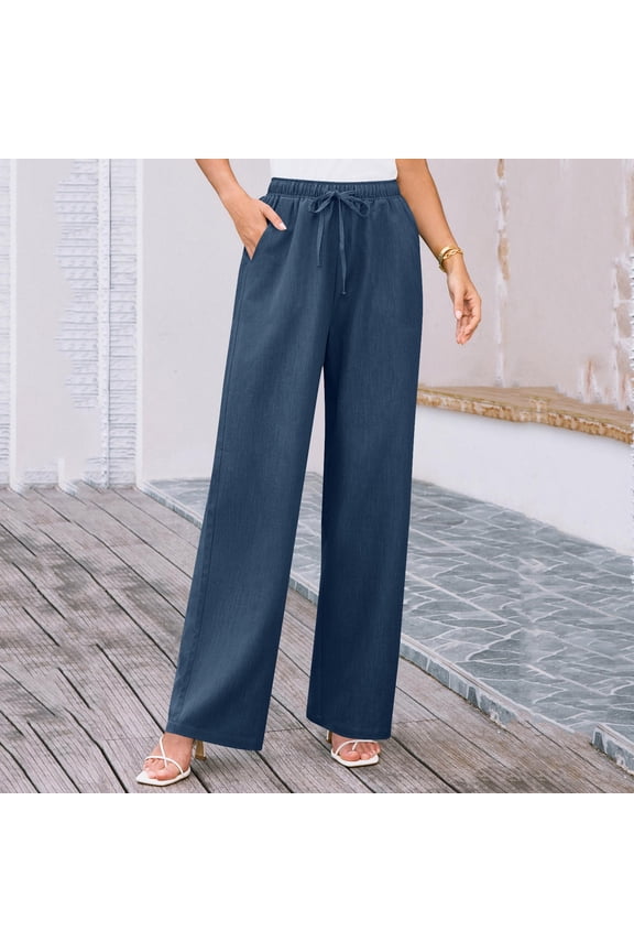 Cotton Linen Women's Pants Casual Pleated Straight Leg Work Plain Full Length High Waisted Blue Pants with Pockets