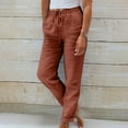 thumbnail image 1 of Sakmal Cotton Linen Women's Pants Cuffed Comfy Pleated Drawstring Solid Full Length Brown High Waisted Pants with Pockets, 1 of 6