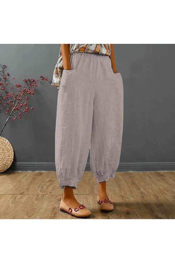 Cotton Linen Women's Pants Harem Taper High Waisted Pleated Solid Beige Pants with Pockets