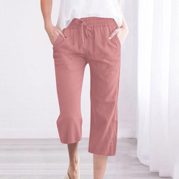 Sakmal Cotton Linen Womens Capri Pants Straight Leg Plus Size Stretchy Pink Cargo Drawstring High Waisted Solid Cropped Capris