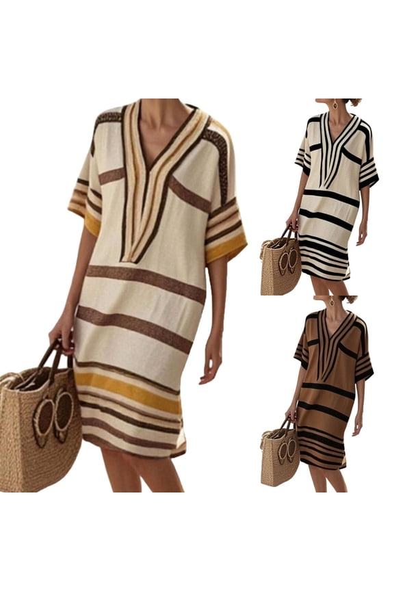 Cotton Linen Womens Dresses Casual Plus Size Midi Moomoo Tshirt Dress Short Sleeve Black Striped V Neck Womens Sundress L