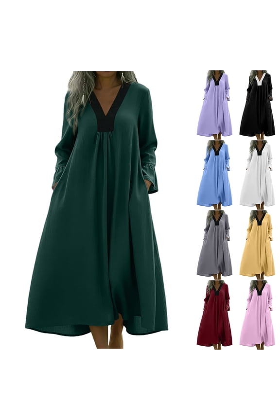 Cotton Linen Womens Dresses Maxi Moomoo Casual Plus Size Shirt Dress Black V Neck Long Sleeve Sundress for Women L