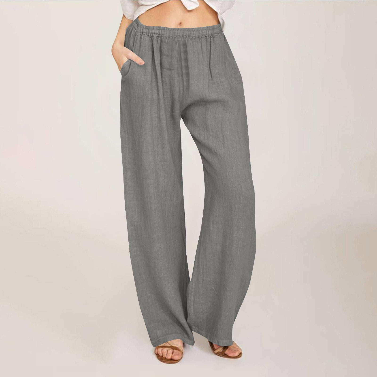 Sakmal Cotton Linen Womens Pants Wide Leg Plus Size Casual Chinos Plain ...