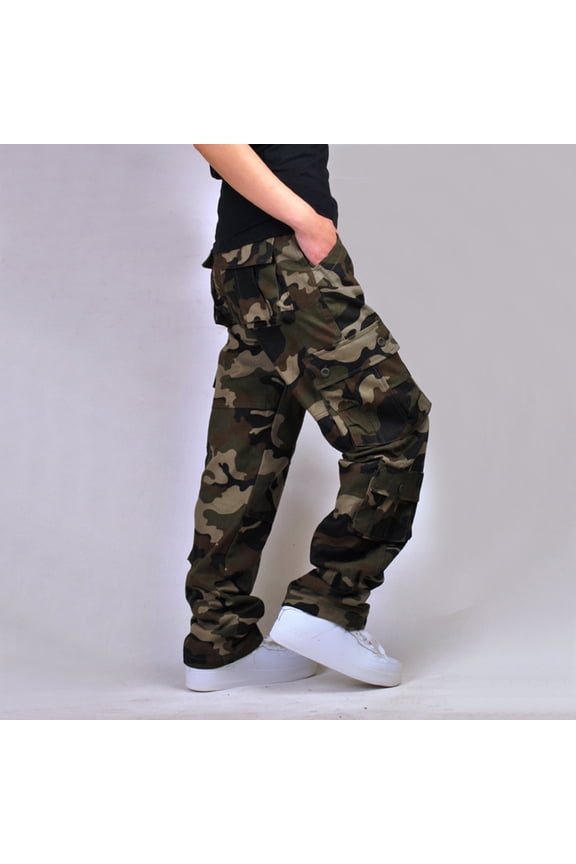 Cotton Mens Cargo Pants Outdoor Straight Leg Green Lightweight Camo Mens Pants M
