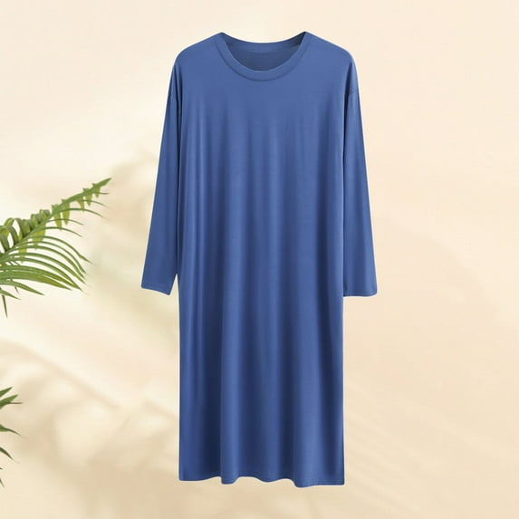 Sakmal Cotton Mens Moomoo Nightgowns Comfy Long Sleeve Sleep Dress Blue Crew Neck Nightgowns for Men 3XL