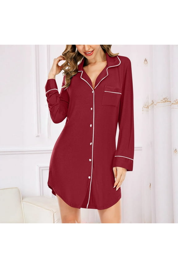 Cotton Moo Moo Nightgown for Women Lightweight Button Down Short Red Nightshirt Solid Long Sleeve Nightshirts for Women