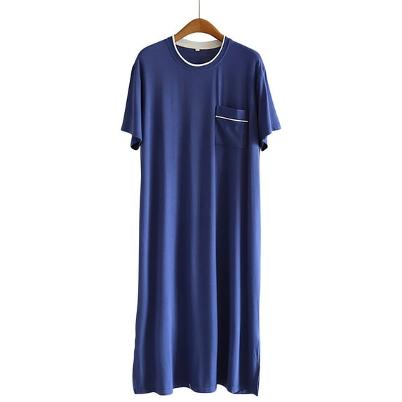 Sakmal Cotton Moo Moo for Men Short Sleeve Comfy Nightwear Blue Crew Neck Nightgowns for Men M