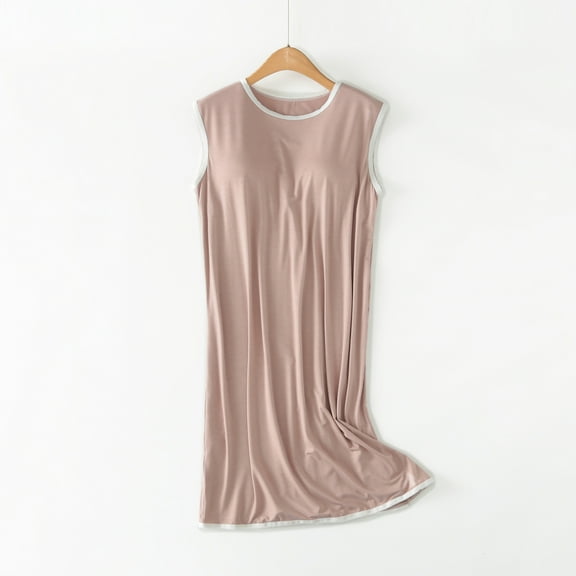 Sakmal Cotton Moomoo Womens Brown Casual Long Sleep Dress Sleeveless Solid Sleep Tanks with Padded