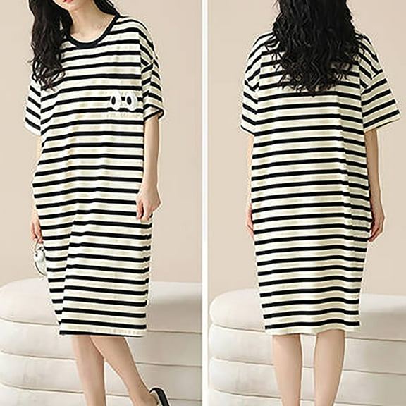 Sakmal Cotton Moomoos for Women Sleep Casual Long Black House Dress Short Sleeve Cartoon Print Nightgowns for Women