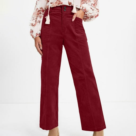 Sakmal Cotton Pants for Women High Waisted Corduroy Khakis Straight Leg Solid Red Pants with Pockets