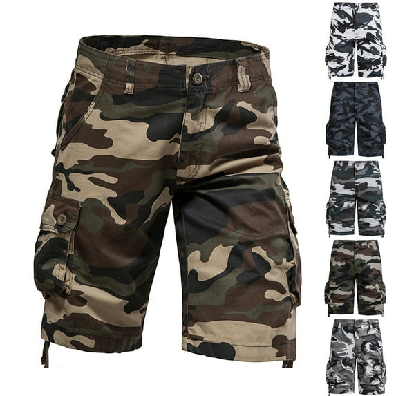 Sakmal Cotton Shorts Men Cargo Khaki Elastic Waist 9 Inch Black Drawstring Camo Shorts for Men L