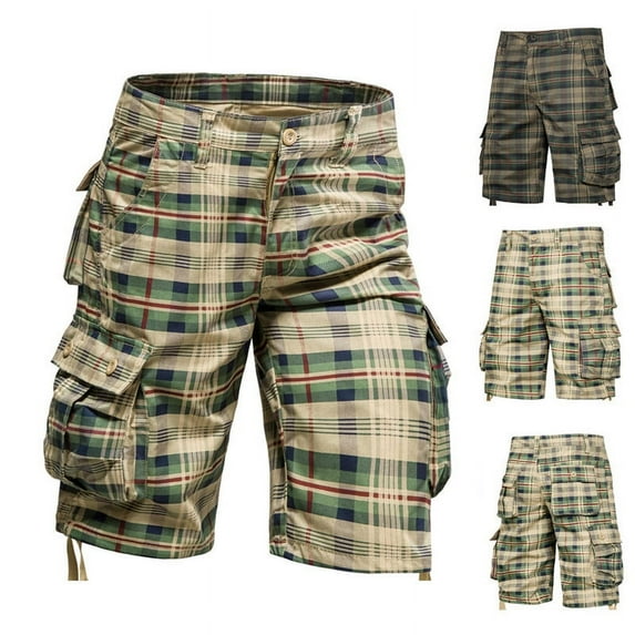 Sakmal Cotton Shorts Men Cargo Khaki Elastic Waist 9 Inch Green Vacation Plaid Mens Shorts L