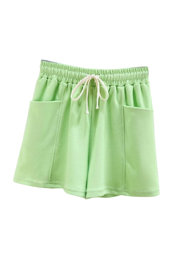 Cotton Shorts Womens Summer Green Wide Leg High Waisted 6" Shorts with Pockets