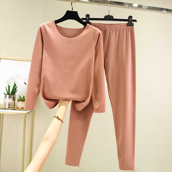Sakmal Cotton Women's Pajama Sets Long Johns Winter Long Sleeve Pink Loungewear Crew Neck Solid Pjs Sets for Women