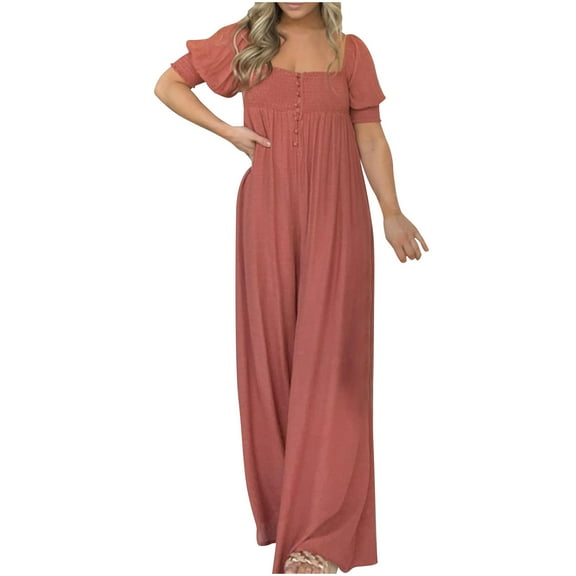 Sakmal Cotton Womens Jumpsuit Wide Leg Solid Boho Overalls Orange Long Short Sleeve Square Neck Pants with Pockets