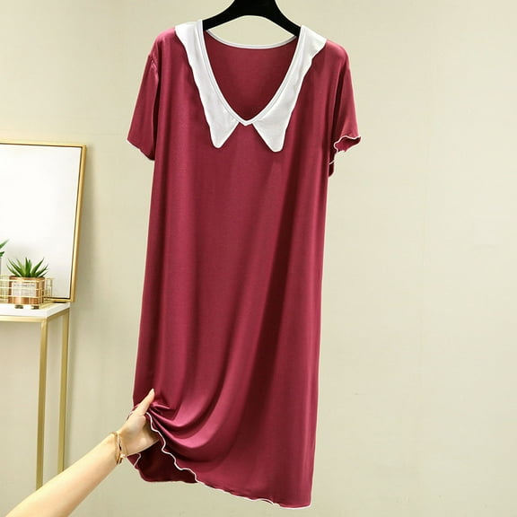 Sakmal Cotton Womens Moomoo Nightgowns Plus Size Red Long Cute Nightwear Solid Short Sleeve Nightgowns for Women