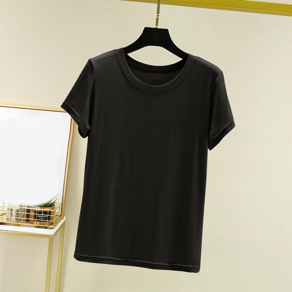 Sakmal Cotton Womens Pajama Tops Short Sleeve Pullover Tshirt Crew Neck Black Tshirt for Women L