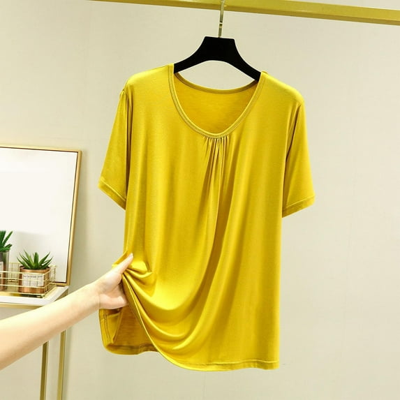 Sakmal Cotton Womens Pajama Tops Short Sleeve Pullover Tshirt Crew Neck Yellow Tshirt for Women XXL