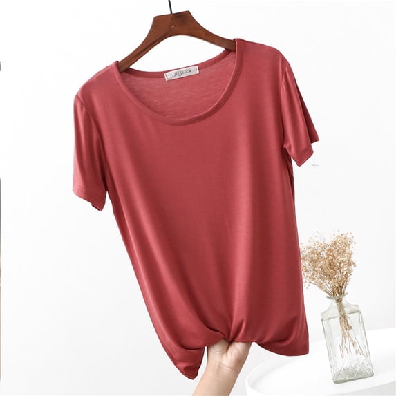 Sakmal Cotton Womens Pajama Tops Short Sleeve Pullover Tshirt Red Crew Neck Tshirt for Women L