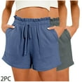 thumbnail image 1 of Sakmal Cotton Womens Shorts Blue 2PC Solid High Waisted 5 Inch Inseam Shorts with Pockets, 1 of 5