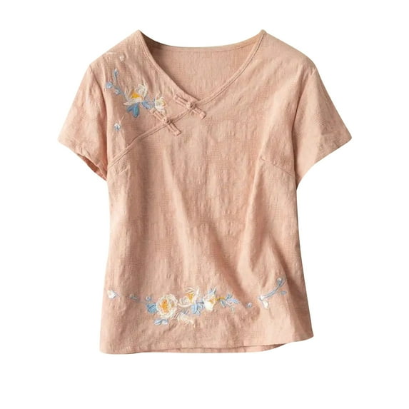 Sakmal Cotton and Linen Shirts Women's Short Sleeve Embroidered V-Neck Shirts Business Casual Outfits for Women