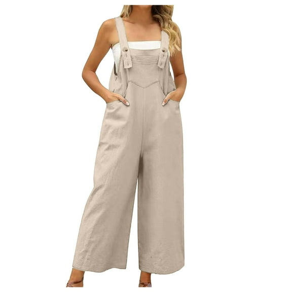 Sakmal Cottonand Linen Jumpsuit Women Wide Leg Summer Solid Overalls Full Sleeveless Beige Square Neck Pants for Women