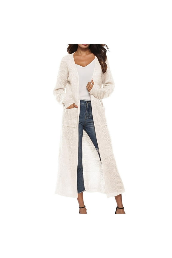 Cover-Up Coats for Women Plus Size Beige Lightweight Long Sleeve Knit Solid with Pockets Loose Fit Cardigan Jacket for Ladies