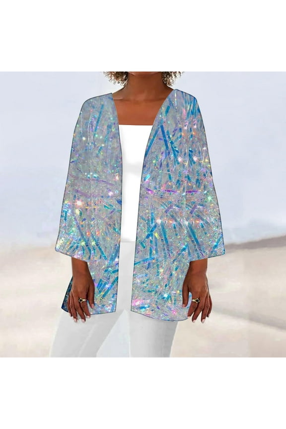 Cover-Up Spring Coats for Women Blue Elbow-Length Loose Fit Flowy Glitter Cardigan Jackets for Women Plus Size