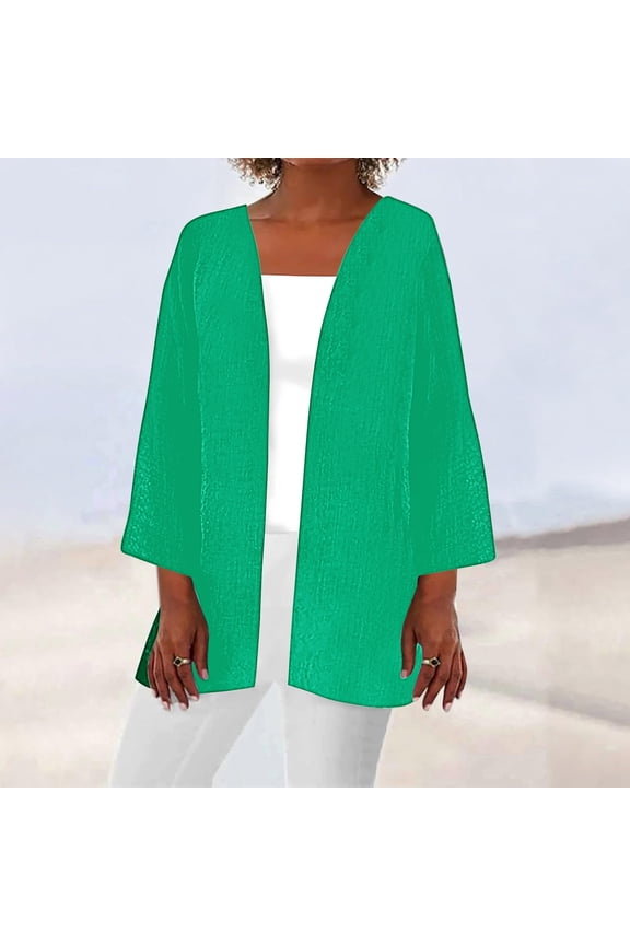 Cover-Up Spring Coats for Women Green Elbow-Length Solid Loose Fit Cardigan Flowy Ladies Jackets