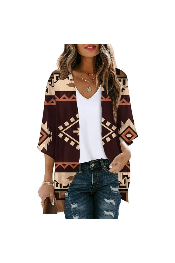 Cover-Up Women Coats Under 25.00 Elbow-Length Brown Lightweight Cardigan Comfy Graphic Flowy Chiffon Ladies Coat