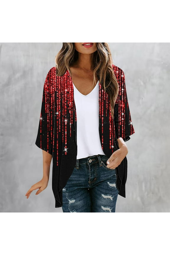 Cover-Up Women'S Coats Under $10 Red Elbow-Length Lightweight Loose Fit Cardigan Chiffon Glitter Jackets for Women