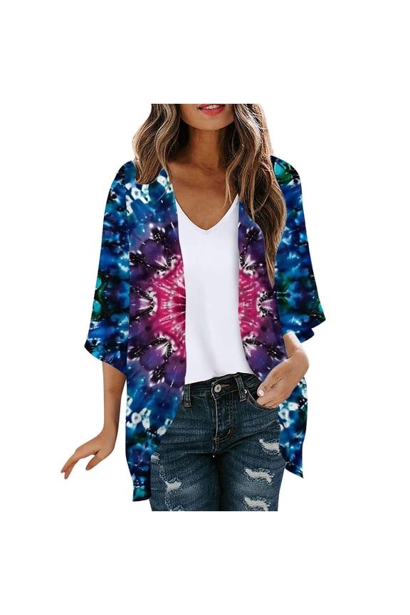 Cover-Up Womens Coats Lightweight Elbow-Length Comfy Tie Dye Loose Fit Cardigan Chiffon Jackets for Girls